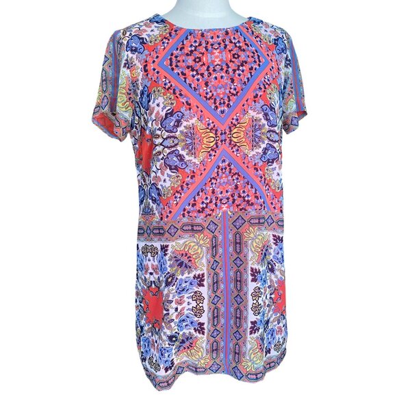 Lulus Sangria Coral Pink Tile Print Mini Shift Dress Chiffon Boho Maximalist-L - Picture 1 of 13